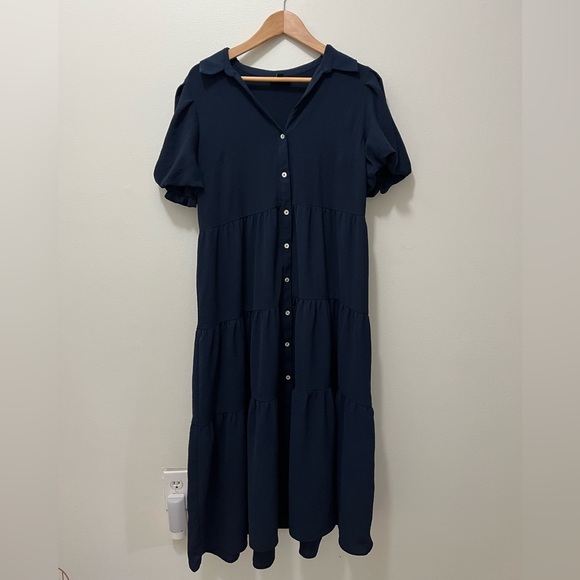 MSK Tiered Navy Blue Button-Up Dress - Picture 1 of 5
